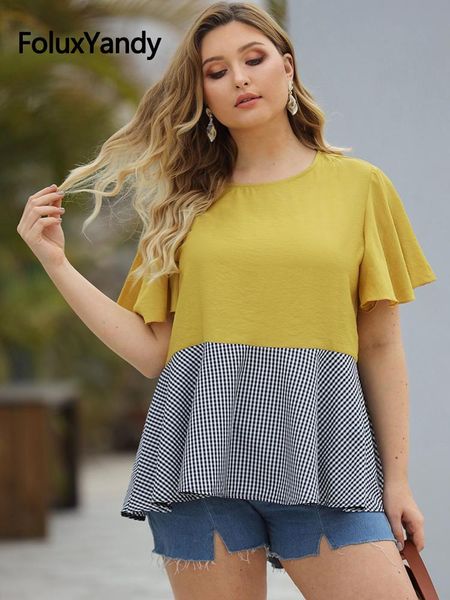 

t-shirt plaid patchwork casual women summer plus size 3xl 4xl o neck loose flare short sleeve tshirts cnfs81, Black