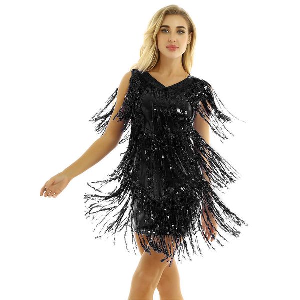 

party dresses fringe latin dance dress women competition come v neck sleeveless sparkling sequins tassels samba tango ballroom dance dress j, White;black