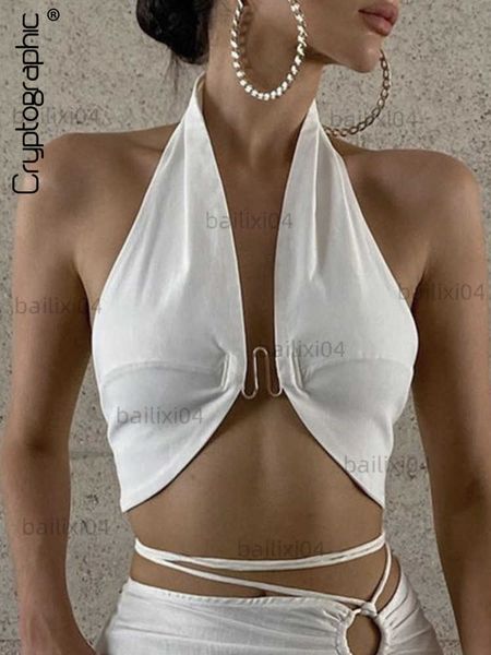 

women's tanks camis cryptographic halter backless wrap crop women summer sleeveless elegant skinny cropped night club party clothes t2, White