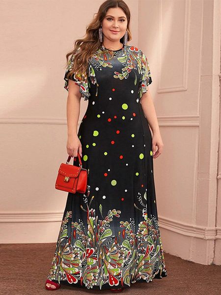 

dresses spring autumn short sleeve casual dress women o neck floral print high waist stretch maxi long dress plus size women clothing, Black