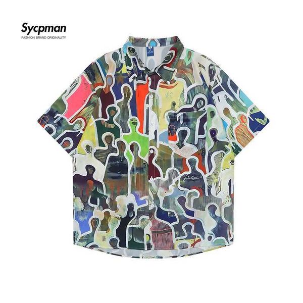 

men's casual shirts sycpman oversized casual haii short shirt man american personalized printing summer versatile loose couple men stre, White;black