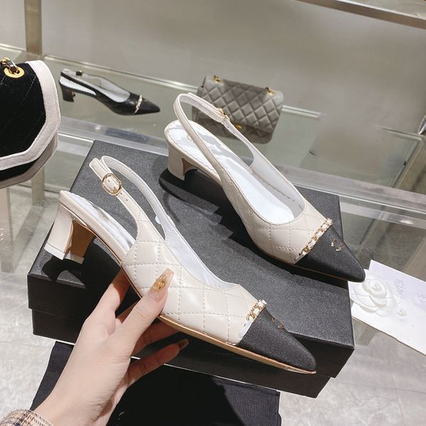

designer womens sandals small chunky heel 4.5cm dress shoes sheepskin hardware alphabet logo pointed stitching back check women shoes dress, Black