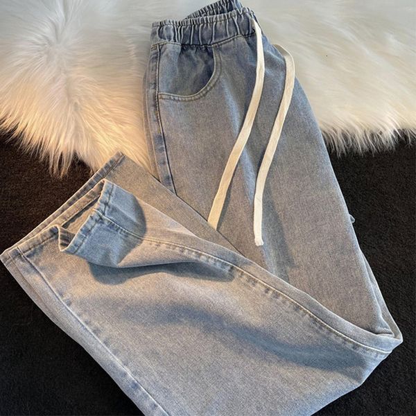 

women's jeans summer thin women's jeans fashion elastic waist burrs drawstring straight denim pants simple preppy style all-match, Blue