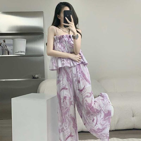 

100 pleated small fragrant style suspender with wide leg pants fried street age reducing korean fashion straight tie dyed two-piece set for, Black;white