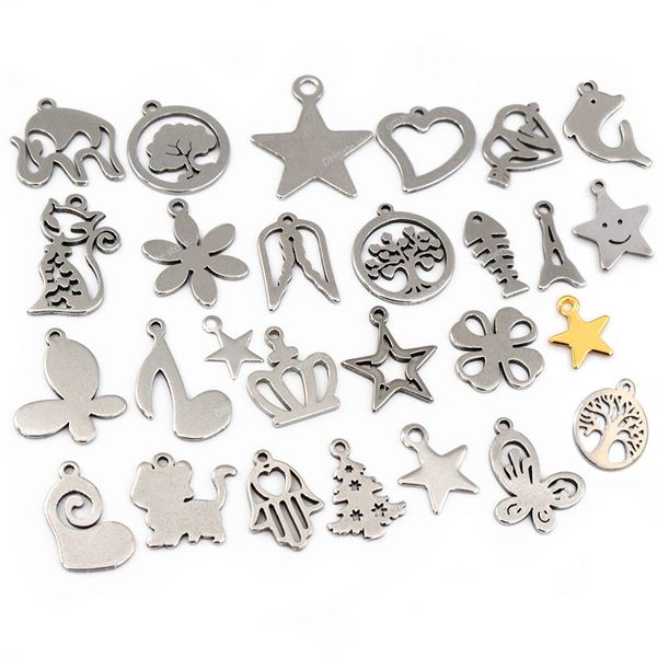 

30pc/lot 316 stainless steel five-pointed star cute necklace pendant charms small cat dolphin fish charms for diy jewelry making fashion jew, Silver