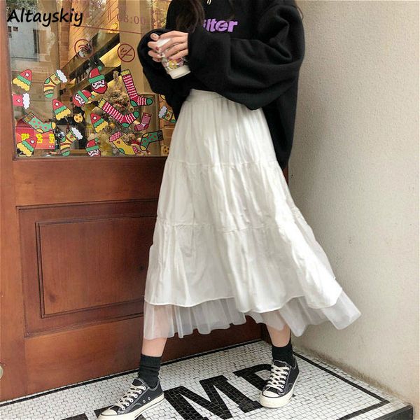 

skirts long skirt mesh lovely elegant teens ulzzang chic ruched club romantic high waist elastic korean style college students 230417, Black