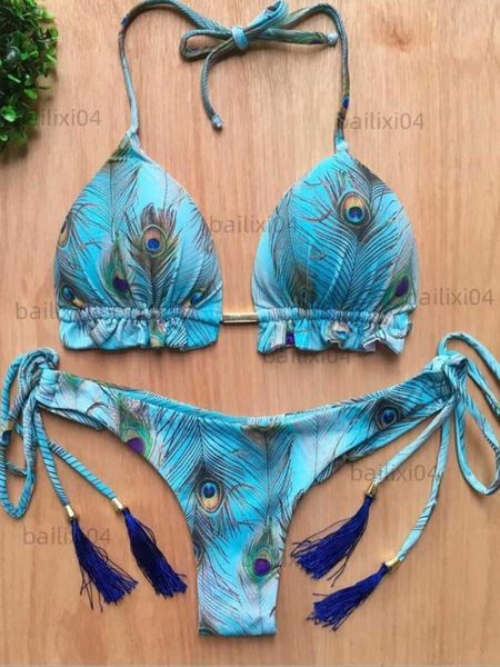 

women's swimwear ruotongsept micro bikinis set 2022 new swimsuit women feather print bandage swimwear female bathing suit brazilian biq, White;black
