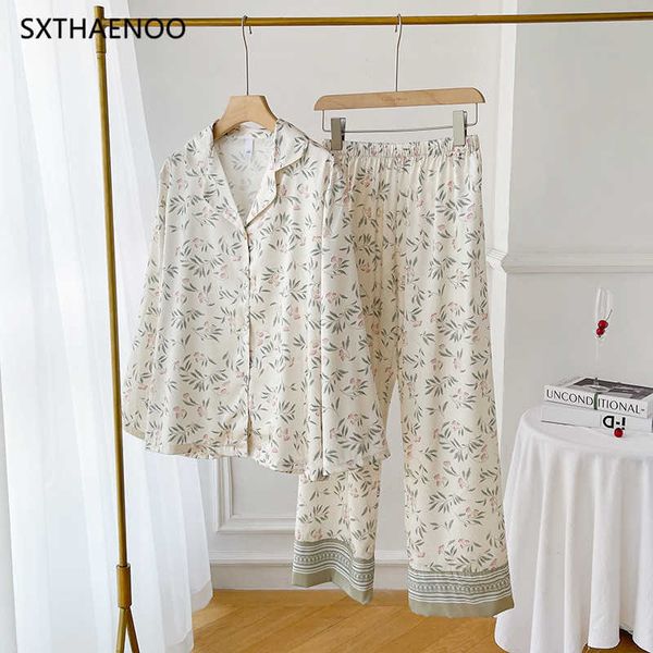 

women's sleep lounge sxthaenoo pijama flower print women's pajama sets lapel white lingerie sleepwear pajamas home wear nightwear