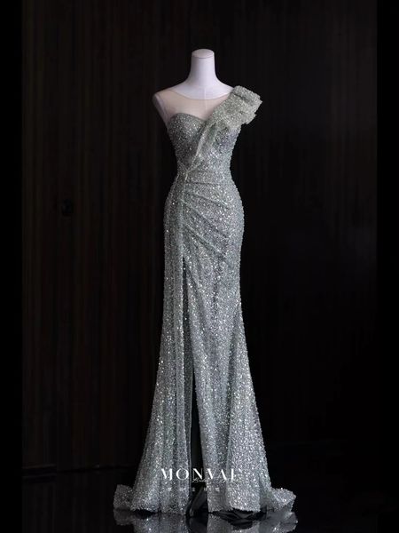 

glamorous celebrity dresses side split shiny sequined mermaid ruffle pleated one shoulder beaded cap sleeve evening gowns, Black;red