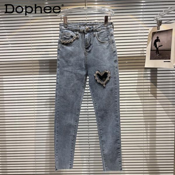 

jeans street hollow heart shape rhinestone jeans for women stretch slim blue pencil denim pants 2022 summer new pantalones de mujer