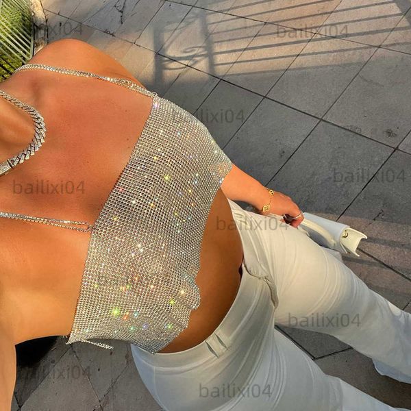 

women's tanks camis crystals women crop backless bling metallic sequin shiny cute tank vest rhinestone night club party summer camisole, White