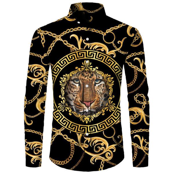 

men's casual shirts golden lion pattern 3d print men shirts long sleeve turndown collar button fashion baroque style men's street, White;black