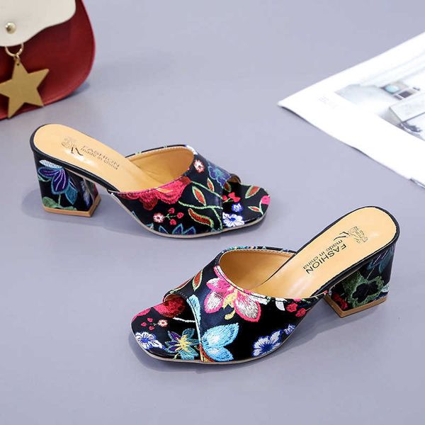 

slippers brand elegant print chunky heels summer women's shoes woman sandals leisure slippers comfortable open toe slipon slideshjn7 j2, Black