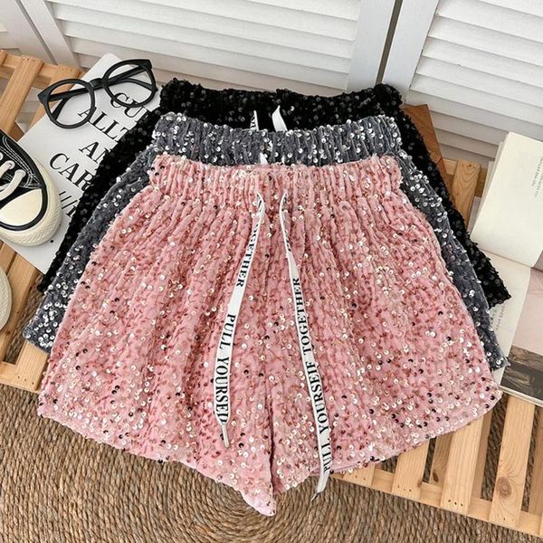 

women's shorts letter drawstring elastic waist slim fit casual pants sparkling sequin wide leg fashion women summer, White;black