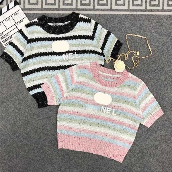 

fashion designer womens clothes spring summer colorful striped print design classic fashion leisure luxury brand logo round neck knitted sh, White