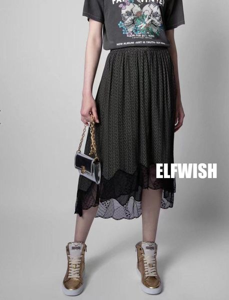 

capris 2021ss woman khaki letters jacquard uneven midi skirt elastic waist contrast lace embroidered hem fashion skirts on sale, Black;white