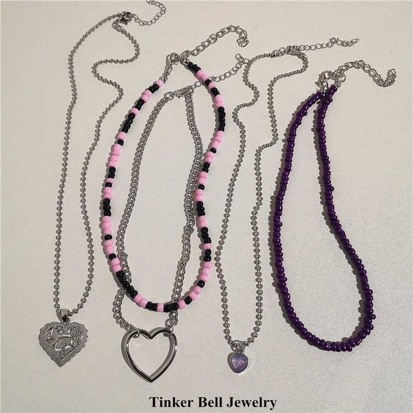 

pendant necklaces kpop goth vintage cute heart pendant chain pink purple beaded necklace for aesthetic egirl y2k harajuku accessories emo je, Silver