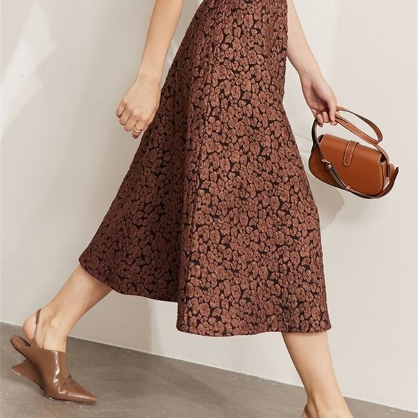 

skirts amii minimalism a-line skirts women autumn slim vintage jacquard classic french style midi skirts 230417, Black