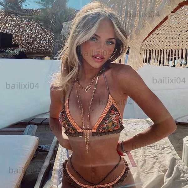 

women's swimwear 2022 new low bikini set swimwear women print floral brazilian halter backless swimsuit strappy beachwear dot biquini f, White;black