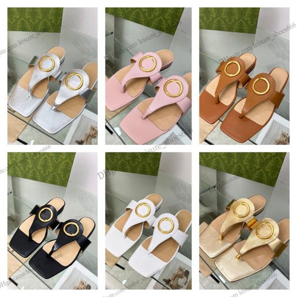 

slippers summer blondie thong sandal square toe metal buckle sandals women interlocking g letter leather flip flops flats mules summer outdo, Black