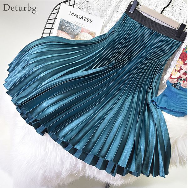 

skirts women elegant metal color pleated skirt elastic high waist midi skirt female chic skirts saias spring sk396 230417, Black