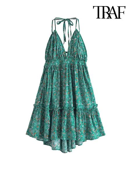 

dresses traf women fashion floral print ruffled mini dress vintage backless tied thin straps female dresses vestidos mujer, Black;gray