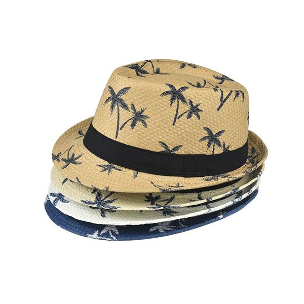 

designer adults children straw jazz hats mens kids boys fashion hat coconut tree printed summer beach bucket hat sun visor fishing cap, Blue;gray