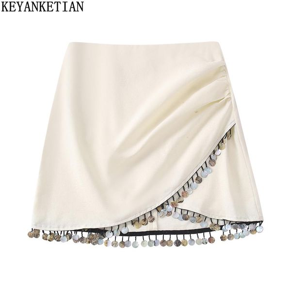 

capris keyanketian 2022 summer new beaded high waist skirt elegant apricot asymmetric aline skirt pack hip mini skirt, Black;white