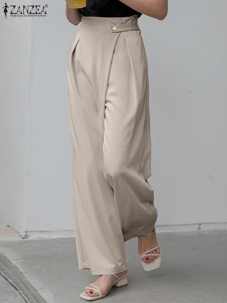 

capris 2022 zanzea summer elegant ol wide leg pants women trousers casual high waist solid work long pantalon loose office palazzo, Black;white