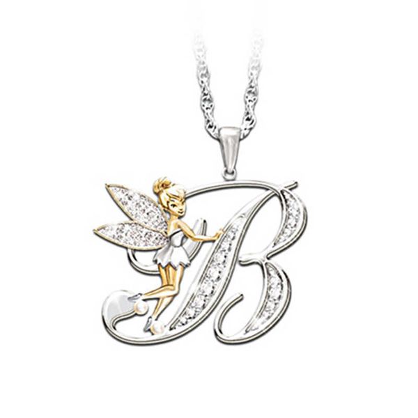 

pendant necklaces lovely crystal 26 letters flower fairy necklaces women lovely fairy wing pendant necklace jewelry party wedding gift z0417, Silver