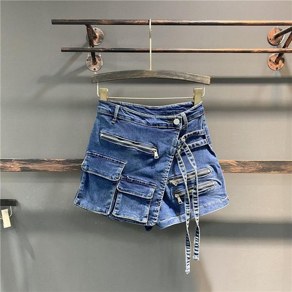 

jeans summer irregular multipocket tooling aline denim shorts skirt women high wasit loose wideleg jeans shorts, Blue
