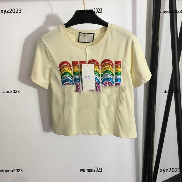

luxury women's & tees colorful sequin embroidered letter open navel t-shirt for women size s-l designer crop ing, White