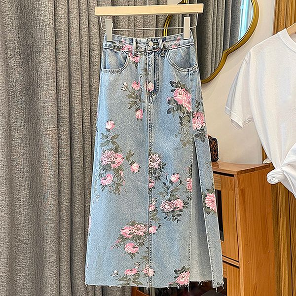 

skirts women denim skirts summer floral print high waist split a-line skirt streetwear all-match casual jeans skirt female 230417, Black