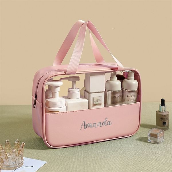 

cosmetic bags cases personalized embroidery stitching pvc translucent large capacity bath pu waterproof portable travel storage 230414