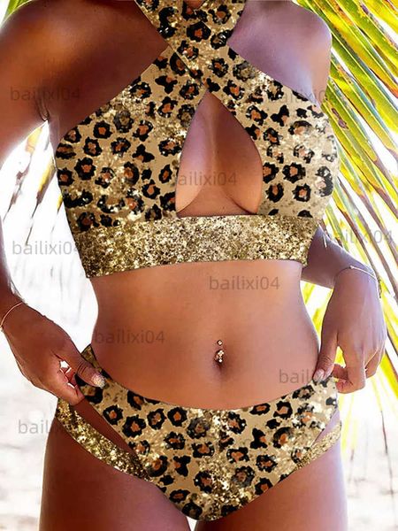

women's swimwear women's leopard halter bikini set glitter swimsuit fashion hollow out swimwear 2023 trend two piece bathing suit, White;black