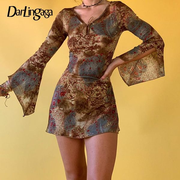 

dresses darlingaga retro fashion printed fairycore flare sleeve women dresses v neck bow split club party dress techwear goblincore, Black;gray