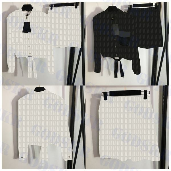 

jacquard letter shirts womens half dress long sleeve t shirt fashion cropped elastic short skirt set two colors, White