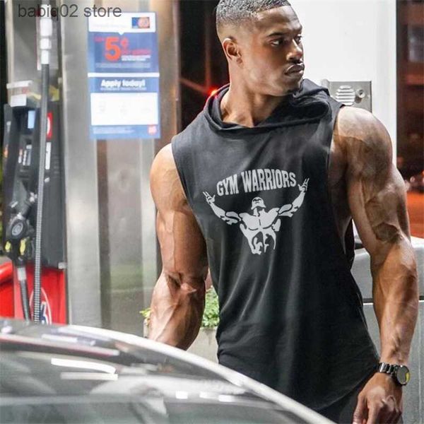

men' tank brand gym clothing mens bodybuilding hooded tank cotton sleeveless vest fitness sweatshirt workout sportswear male t230417, White;black
