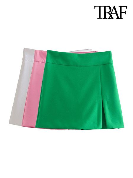 

shorts traf women fashion front slit green shorts skirts vintage high waist side zipper female skort mujer, White;black