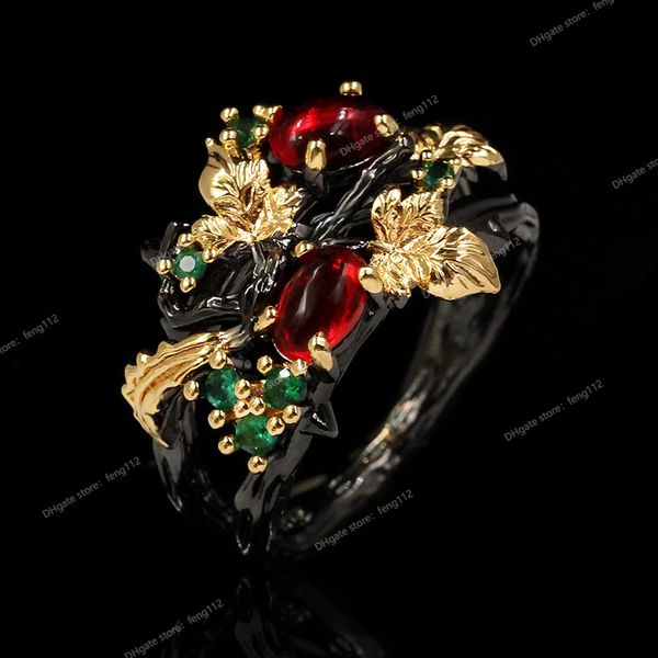 

new exquisite leaf flower color zircon ladies women's ring jewelry black gold two-color red zircon ring ladies ring fine jewelryrings, Silver