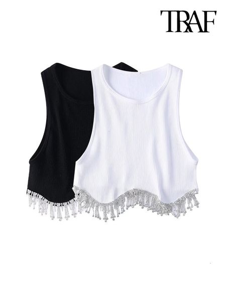 

women's tanks camis traf women fashion with tassel crop ribbed knit tank vintage o neck sleeveless female mujer 230417, White