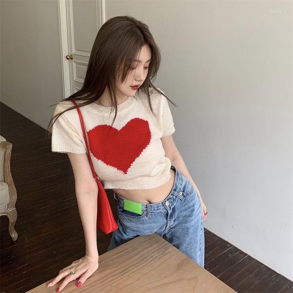 

womens t shirts ice silk short sleeve tshirt womens spring and summer korean version of crewneck love knitted spice girl crop top, White