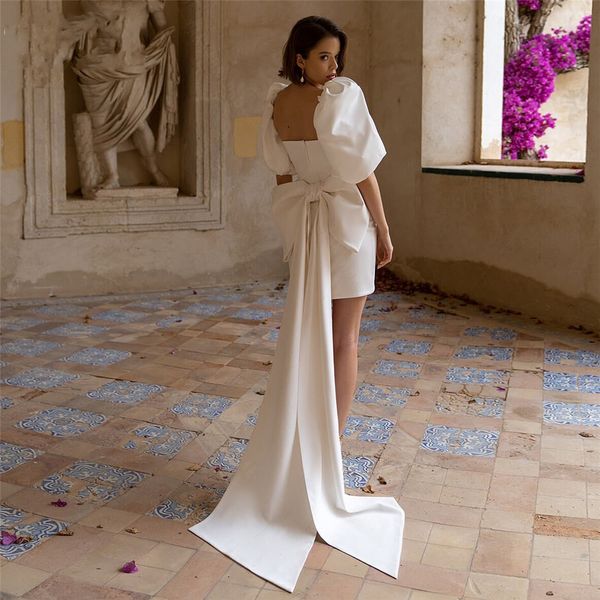 

short satin weddiing dress for women 2023 bride sweetheart detachable bow puff sleeve crepe bridal gowns vestidos noiva robe de mariee, White