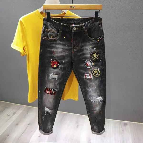 

mens jeans black pants black and gray embroidery ripped jeans mens personality bump color splash paint retro korean version show thin elasti, Blue