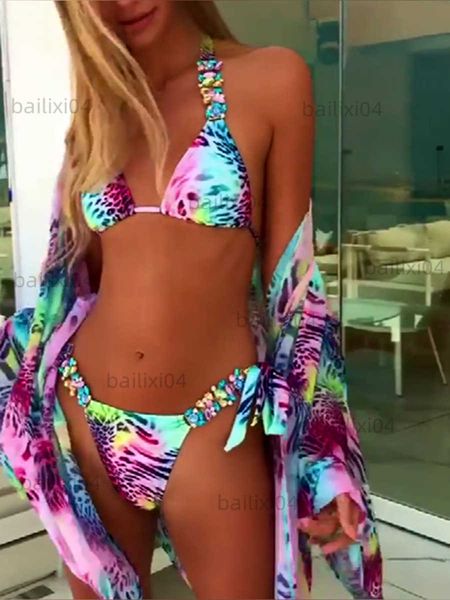 

women's swimwear leopard print halter crystal diamond bikini women swimsuit female swimwear two-piece bikini set brazilian bathing suit, White;black
