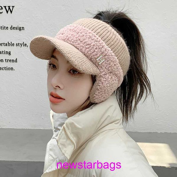 

original edition designer herms hat for sale women's winter riding knitted ear protection duck tongue fashion versatile plus plush warm, Blue;gray
