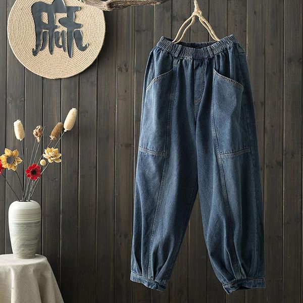 

jeans autumn washed jeans casual loose elastic waist loose allmatch harem pants women big pockets denim trousers vaqueros mujer 2021, Blue