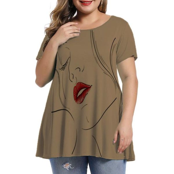 

t-shirt oversized summer women plus size tunic short sleeve portrait print casual ladies tunique femme taille 6xl vetement, Black