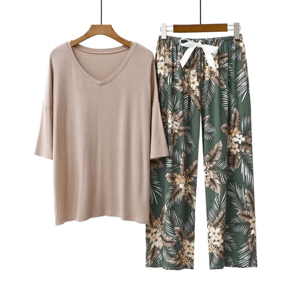 

women's sleep lounge 2pcs women pajama short sleeve printing modal splicing pijama mujer femme loose nightwear suit female casual homew