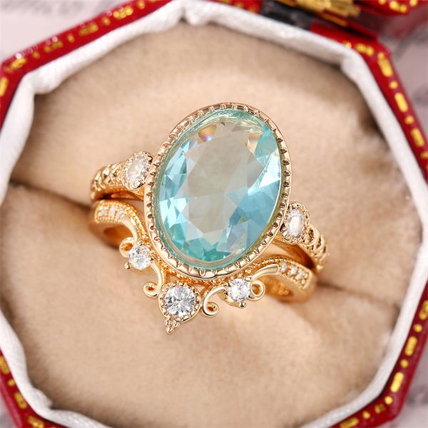 

elegant sky blue set rings for women vintage gold color double layer aesthetic pattern lady's accessories party gift new jewelry, Golden;silver